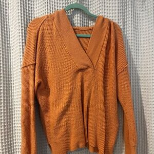 V-neck Aerie orange knit sweater with hood
